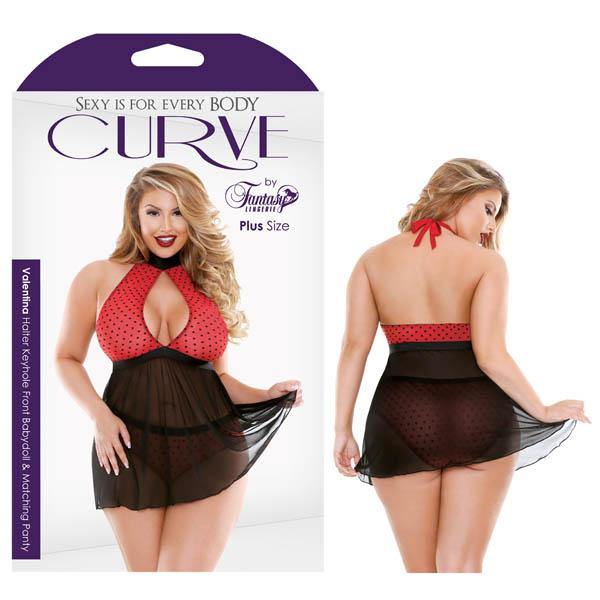Curve Valentina Halter Keyhole Front Babydoll & Matching Panty - Red/Black - 1X/2X Size - HOUSE OF HALFORD