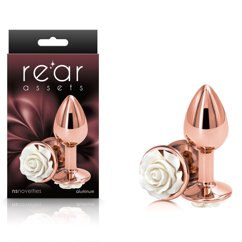Rear Assets Rose - Small -  7.6 cm Metal Butt Plug with White Rose Base