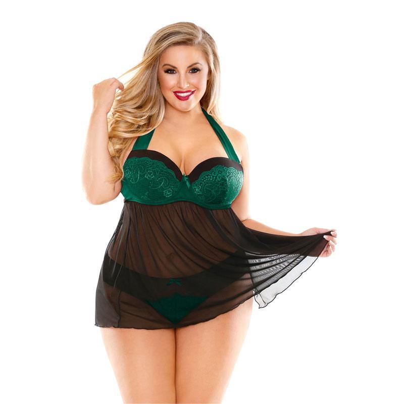 CURVE SONIA Halter Tie Babydoll with Moulded Cups & Panty - /Black - 3X/4X Size - HOUSE OF HALFORD
