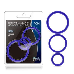 Performance VS4 Pure Premium Silicone Cockrings - Indigo  Cock Rings - Set of 3 Sizes - HOUSE OF HALFORD