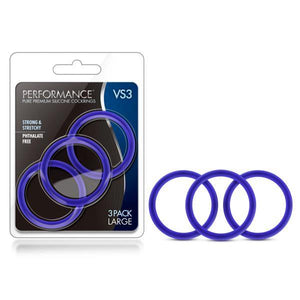 Performance VS3 Pure Premium Silicone Cockrings - Indigo  Large Cock Rings - Set of 3 - HOUSE OF HALFORD