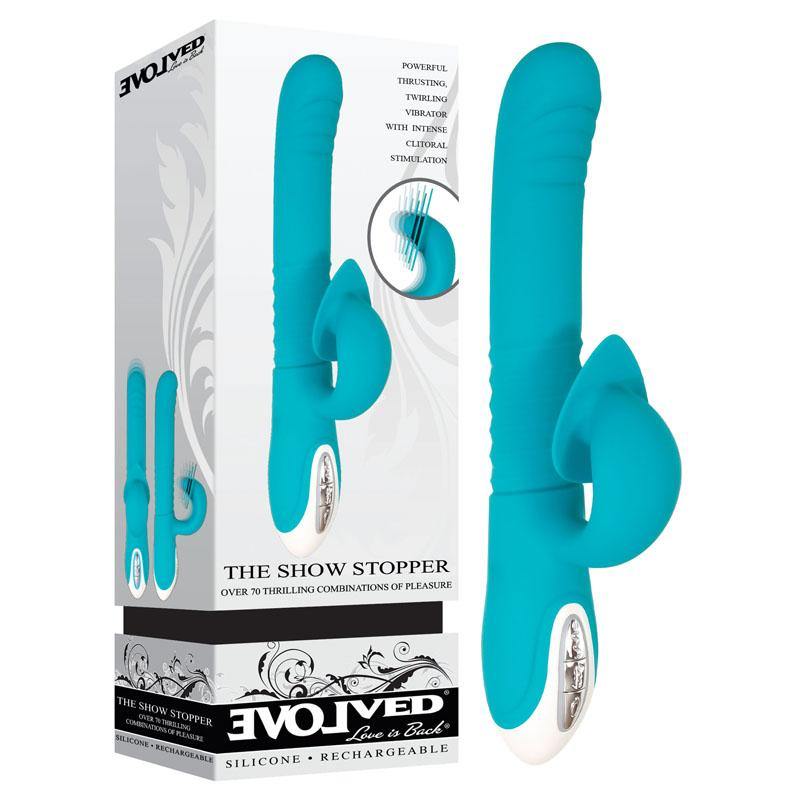 Evolved The Show Stopper - Teal 23.5 cm USB Rechargeable Thrusting Rabbit Vibrator - HOUSE OF HALFORD
