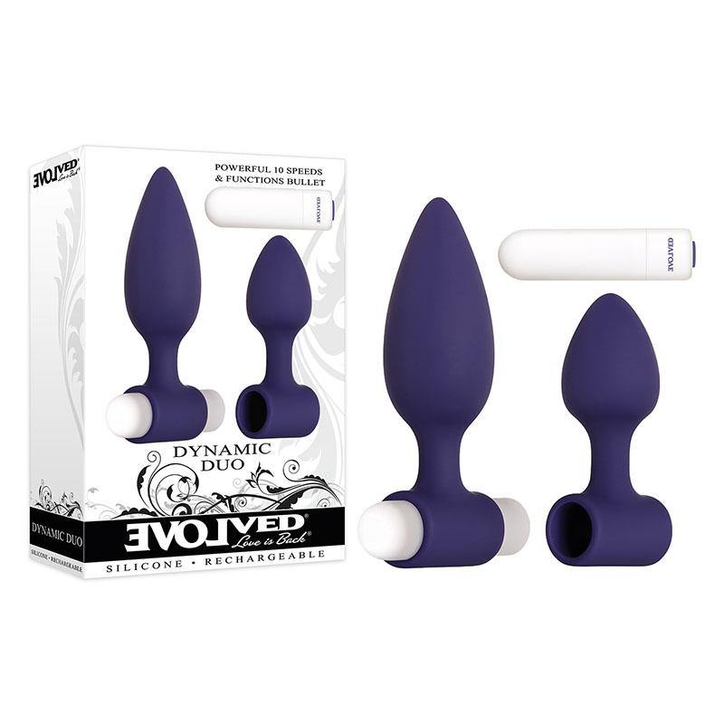 Evolved Dynamic Duo - Navy Blue Silicone Butt Plugs with USB Rechargeable Bullet - HOUSE OF HALFORD