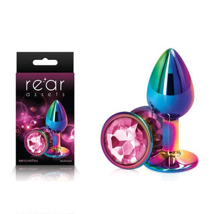 Rear Assets Multi  Small - Multi  Small Metal Butt Plug with Pink Gem Base - HOUSE OF HALFORD