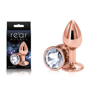 Rear Assets Rose Gold Small - Rose Gold Small Metal Butt Plug with Clear Gem Base - HOUSE OF HALFORD