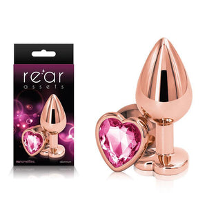 Rear Assets Rose Gold Heart Medium - Rose Gold Medium Metal Butt Plug with Pink Heart Gem Base - HOUSE OF HALFORD