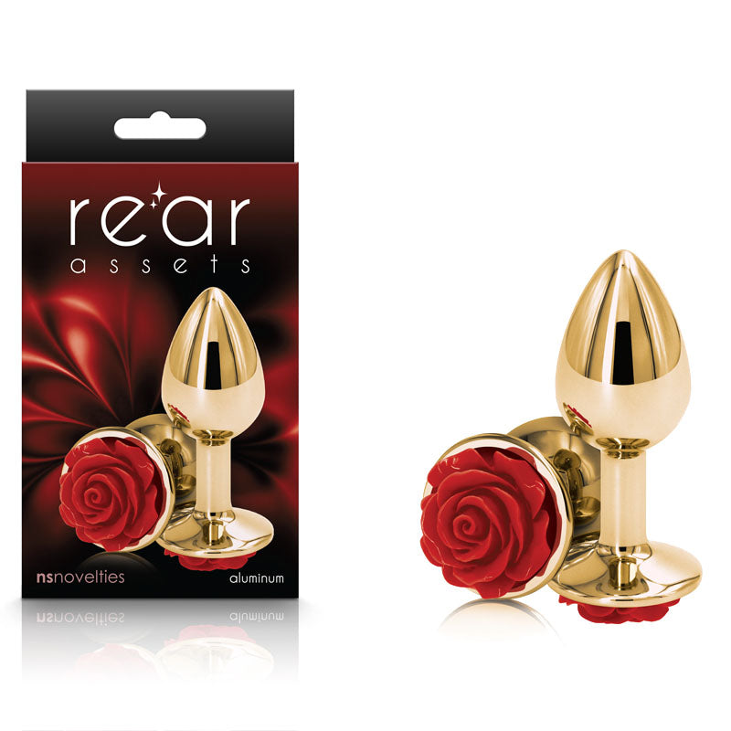 Rear Assets Rose - Small - Gold 7.6 cm Metal Butt Plug with Red Rose Base
