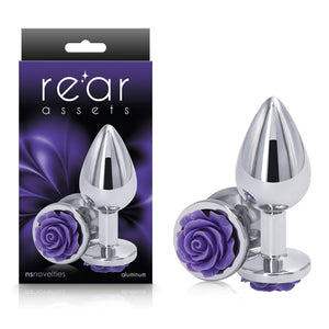 Rear Assets Rose - Medium -  8.9 cm Metal Butt Plug with Purple Rose Base
